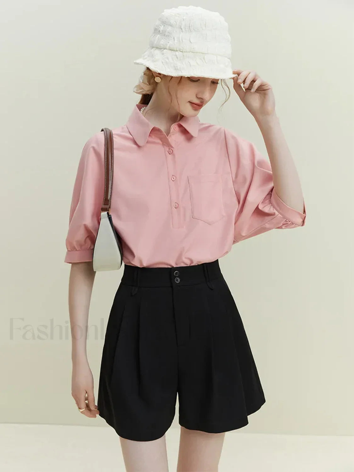Half Sleeve Polo Neck Pocket Blouse