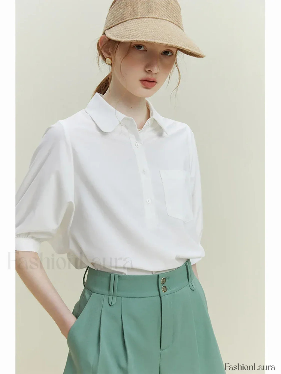 Half Sleeve Polo Neck Pocket Blouse