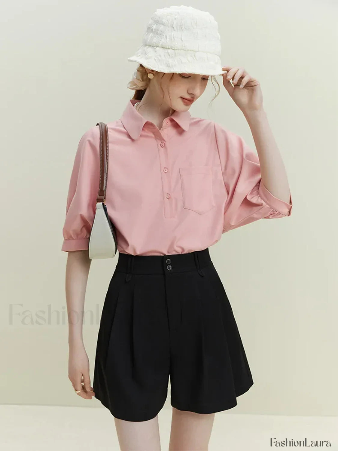 Half Sleeve Polo Neck Pocket Blouse