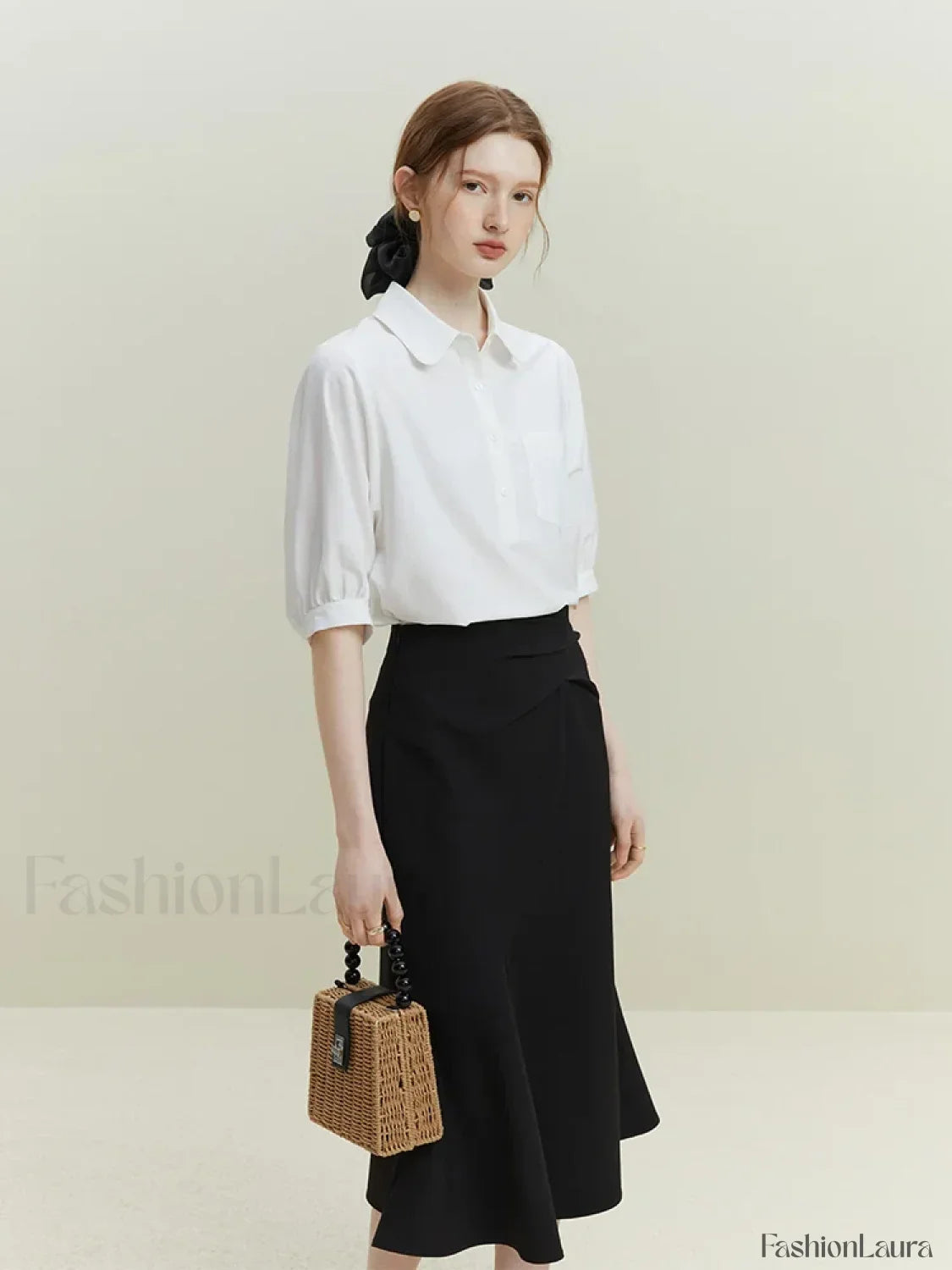 Half Sleeve Polo Neck Pocket Blouse