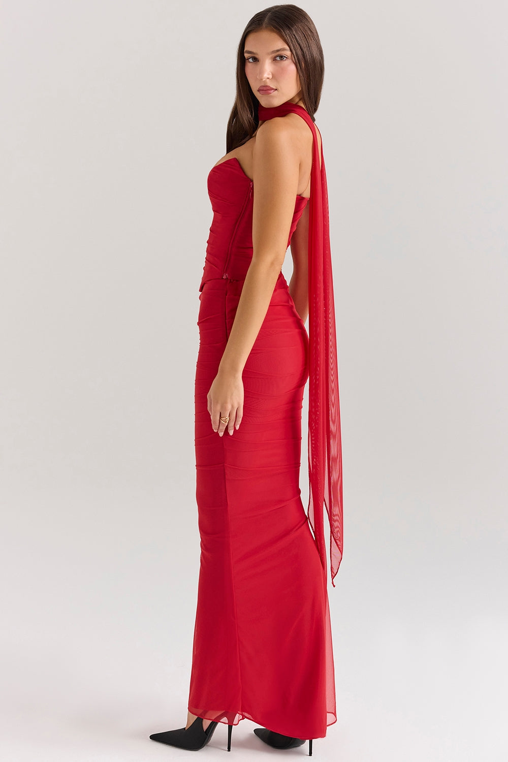 Mesh Strapless Corset Ruched Bodycon Maxi Dress with Neck Scarf 5