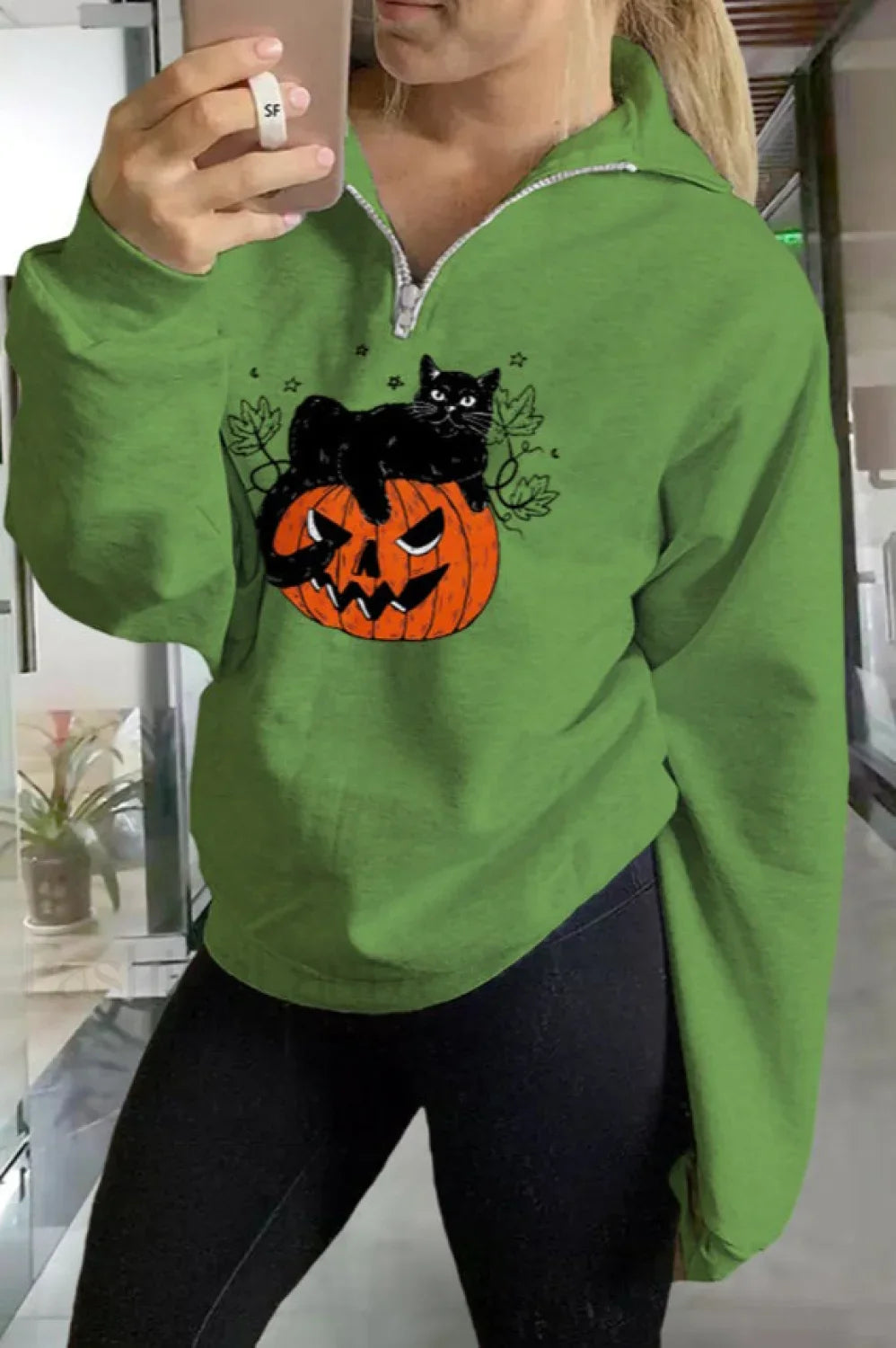 Halloween Pumpkin Cat Print Cotton Hoodie Green / S