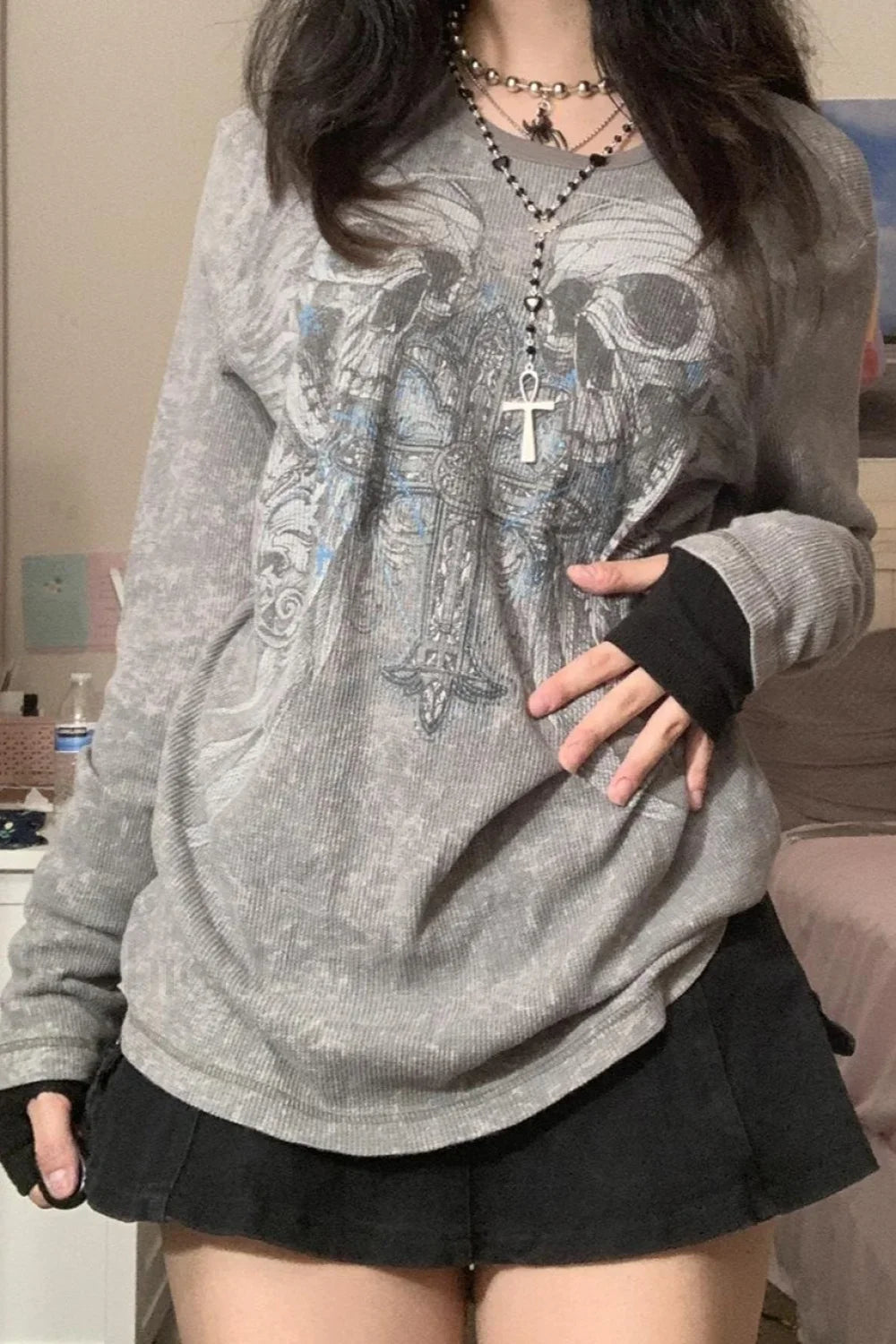 Halloween Skull Print Long Sleeve T-Shirt Grey / S