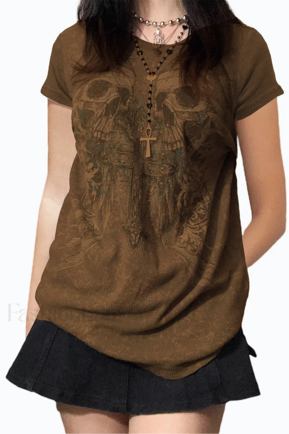 Halloween Skull Print T-Shirt Brown / S
