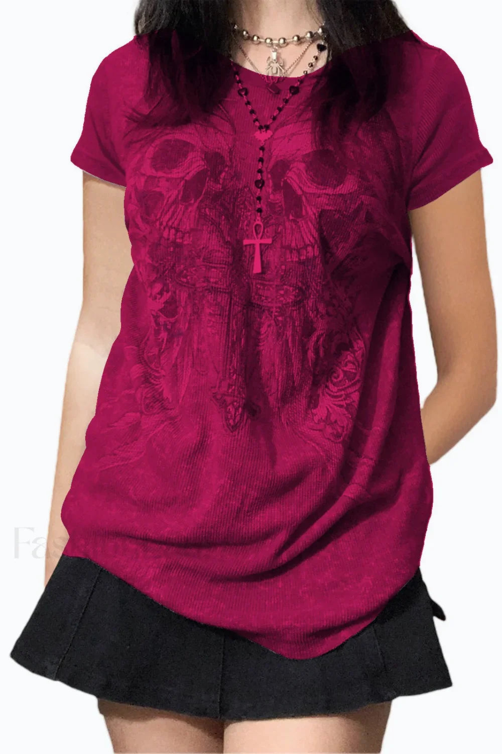 Halloween Skull Print T-Shirt Rose Red / S