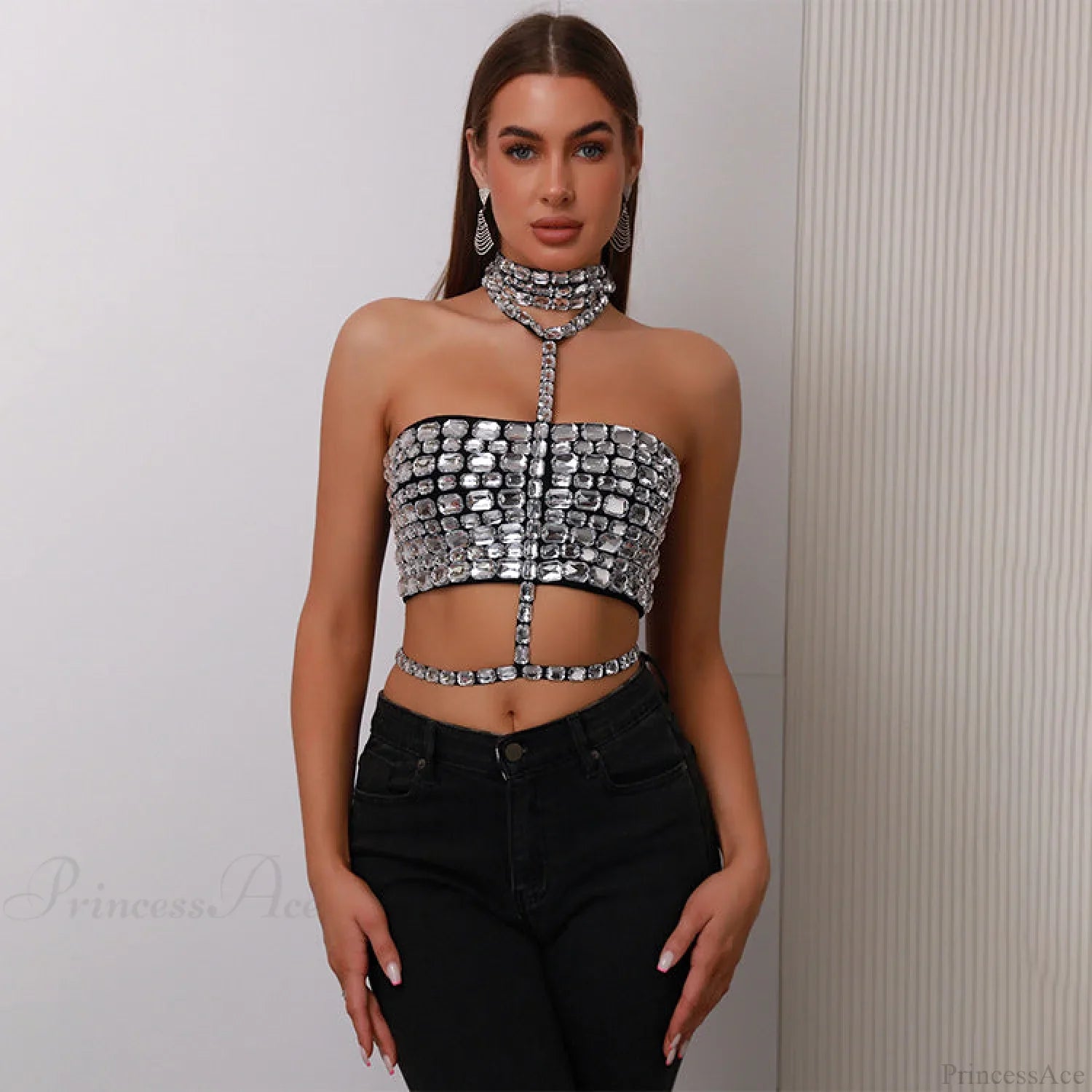 Halter Beaded Lace-Up Bandage Crop Prom Dress white / XS promdress-250223