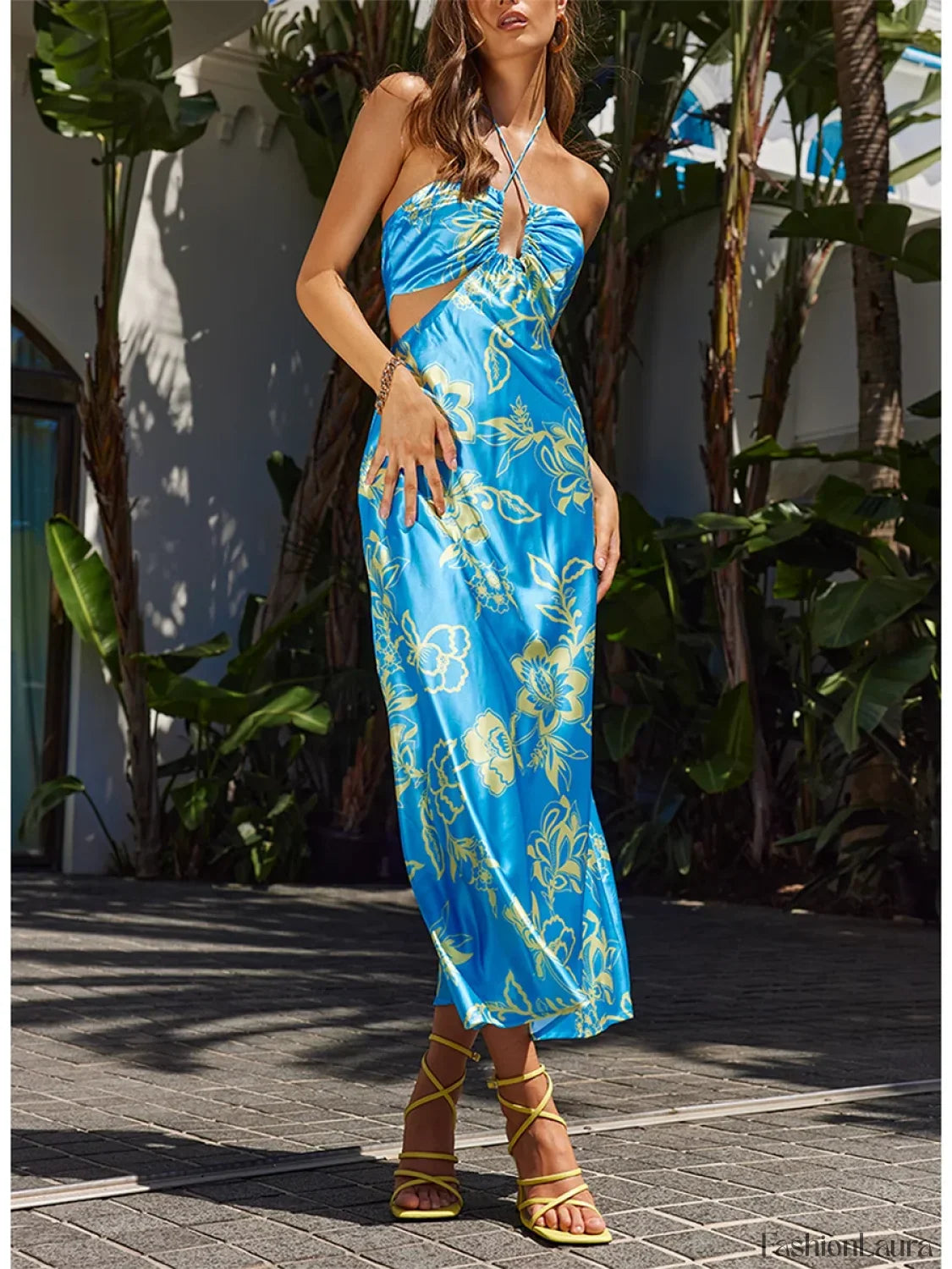 Halter Cut-Out Tie-Up Floral Dress