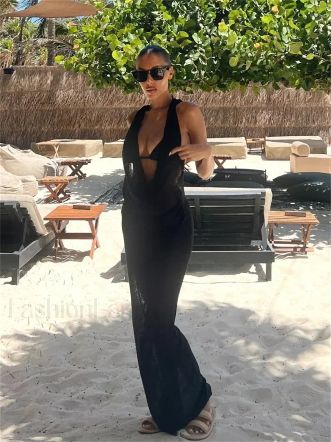 Halter Deep V Crochet Beach Cover Up Black / S