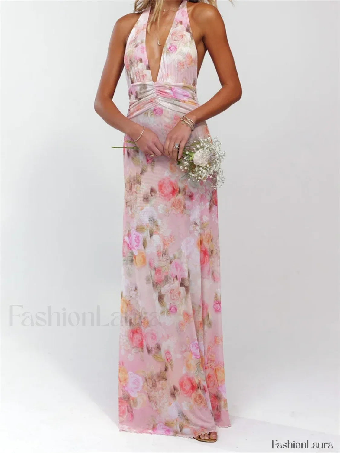 Halter Floral Dot Off Shoulder Maxi Dress