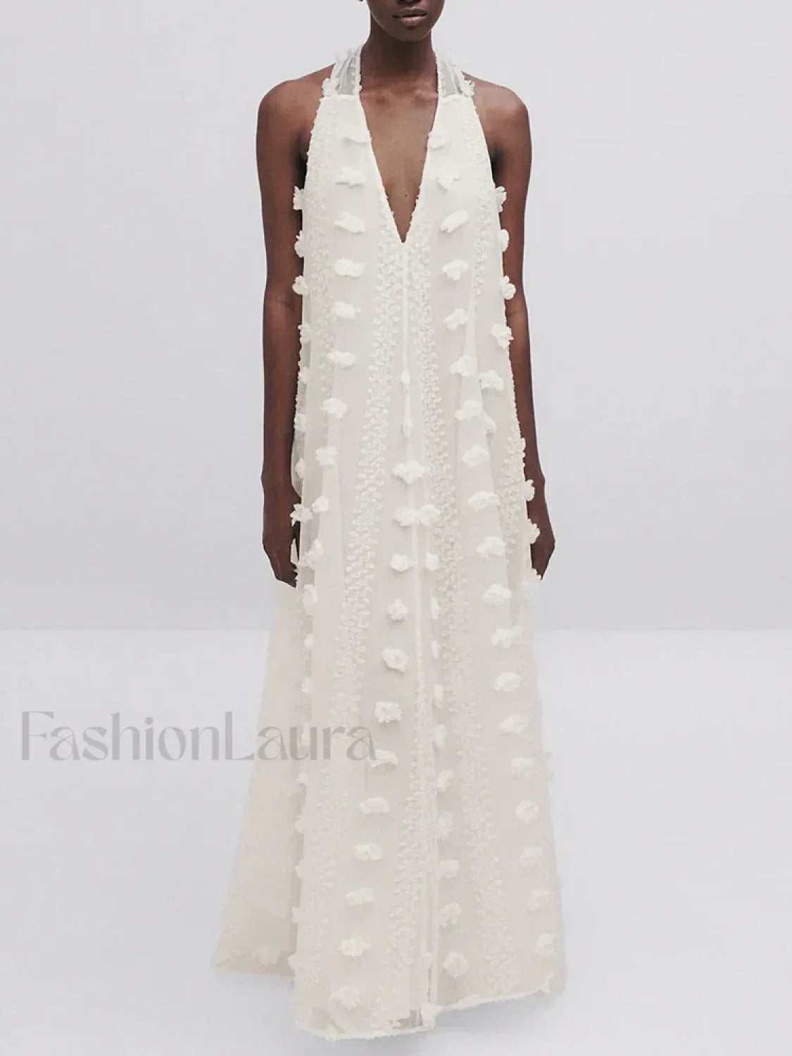 Halter Floral Mesh Patchwork Boho Dress White / S