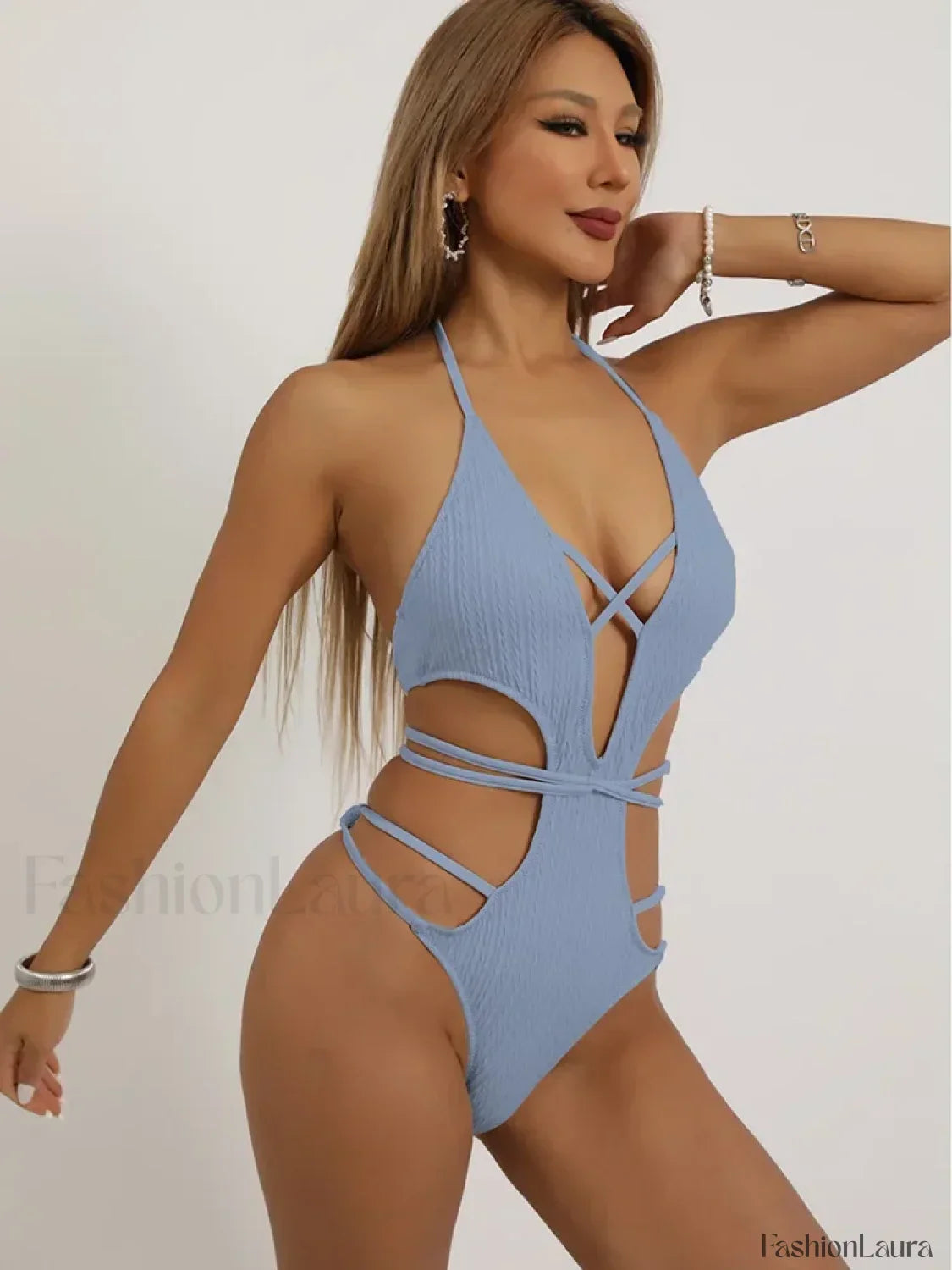Halter Hollow Out Lace Up One Piece