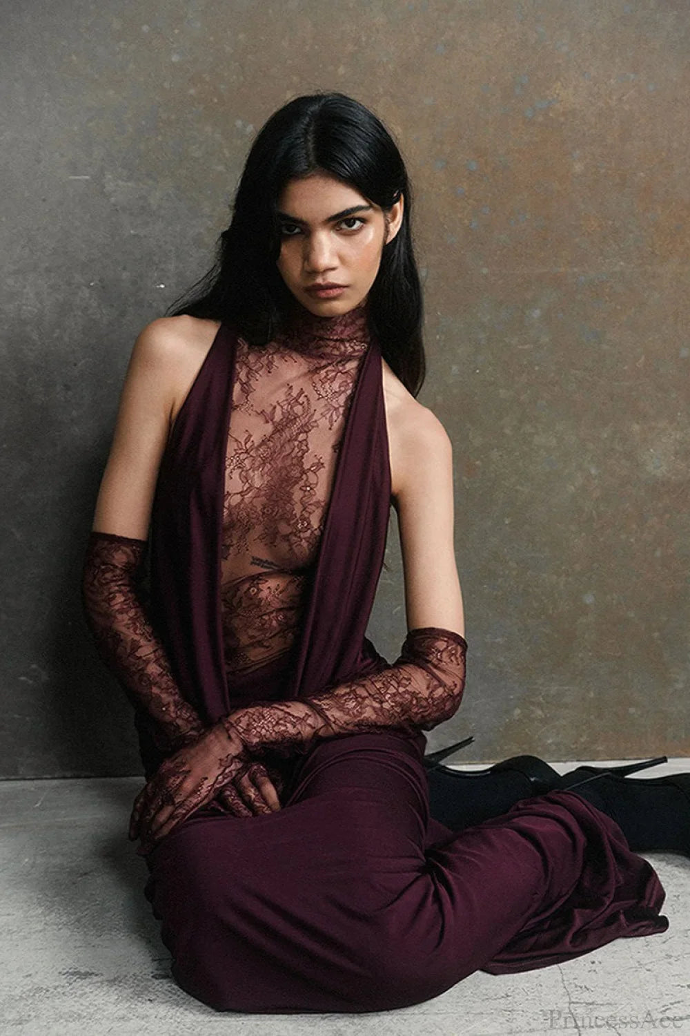 Halter Lace Paneled Deep V Ruched Wedding Dress Fuchsia / XS