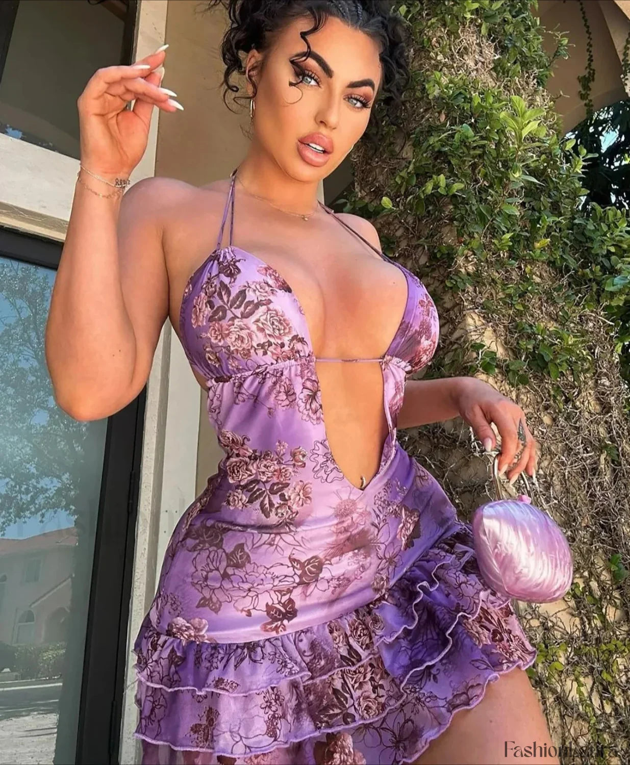 Halter Lace-Up Mini Floral Dress