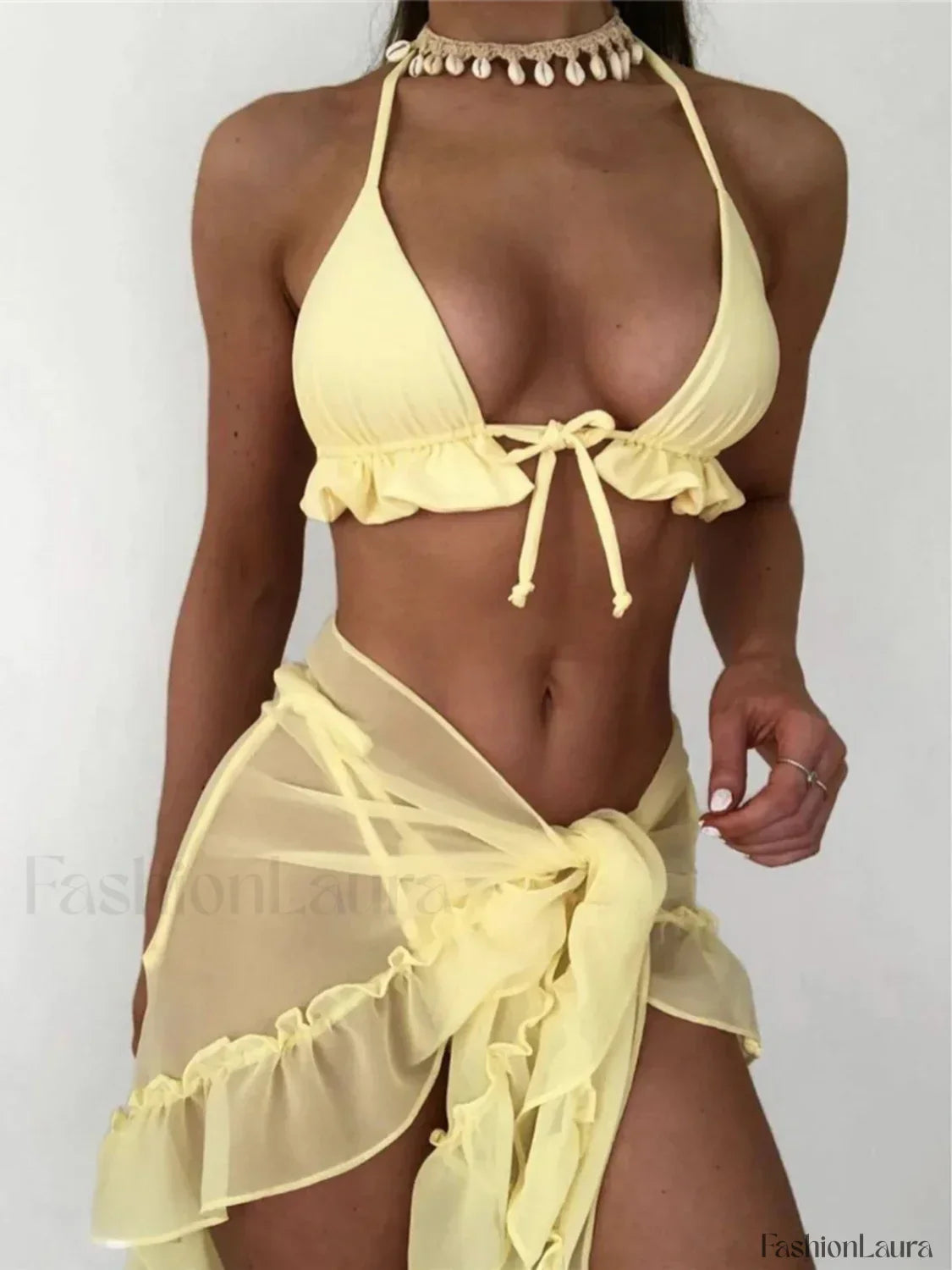 Halter Ruffled Sarong Bikini Three Piece Set