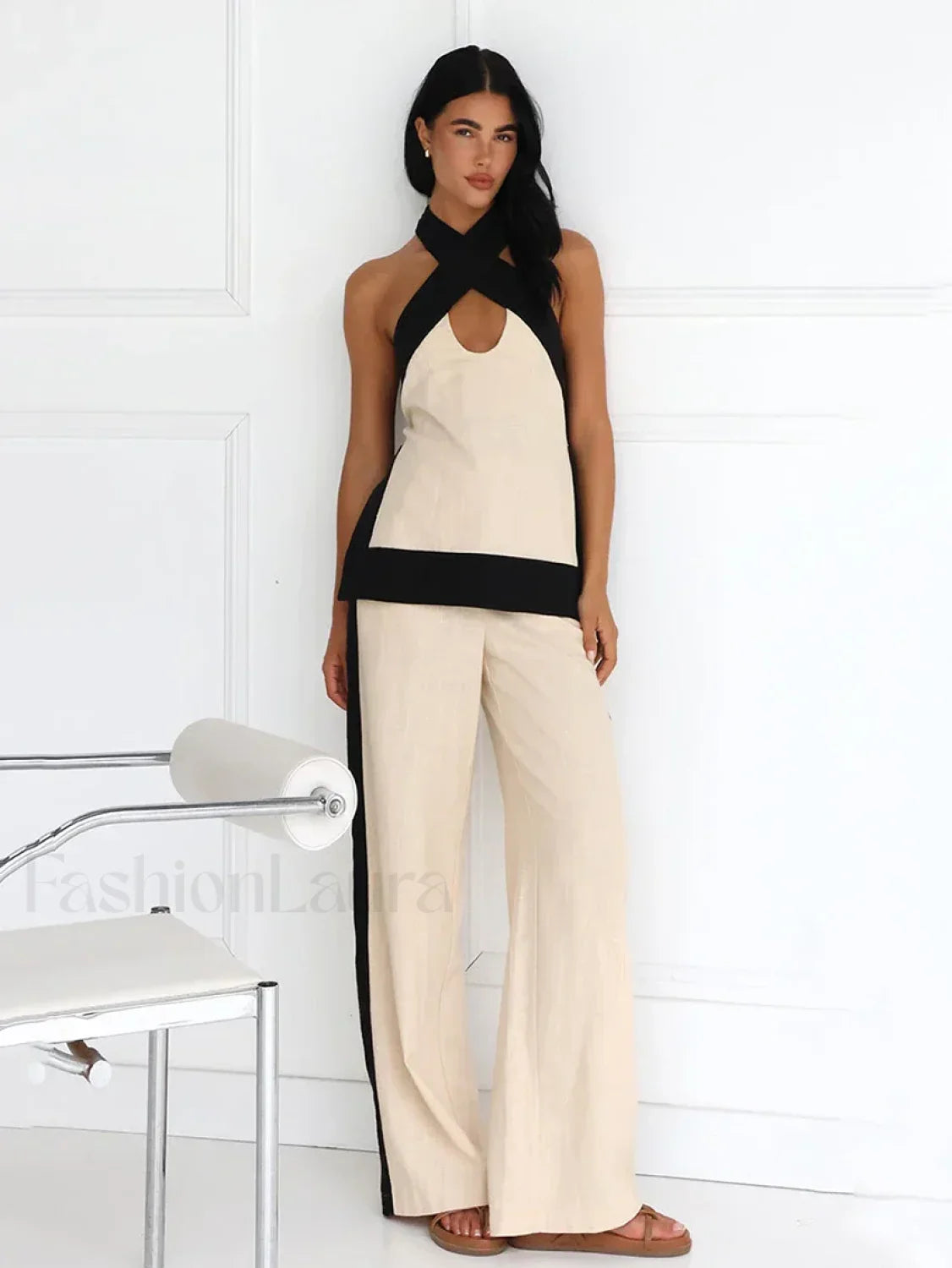 Halter Sleeveless Pajama Pants Two Piece Set Khaki / S