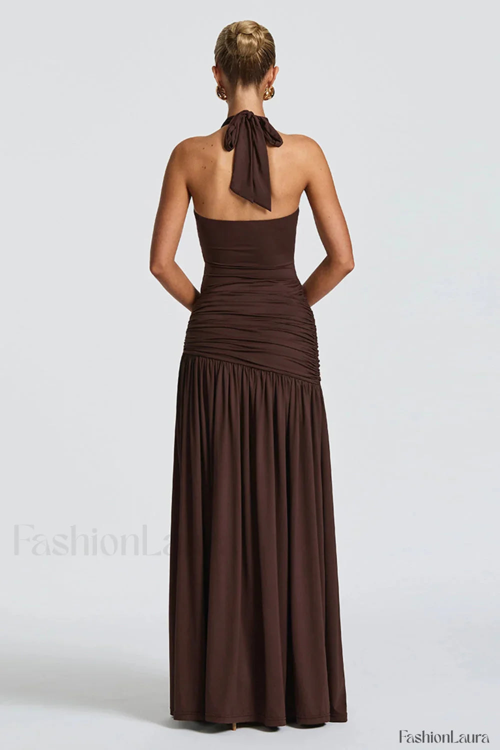 Halter Tie Backless Ruched Maxi Dress
