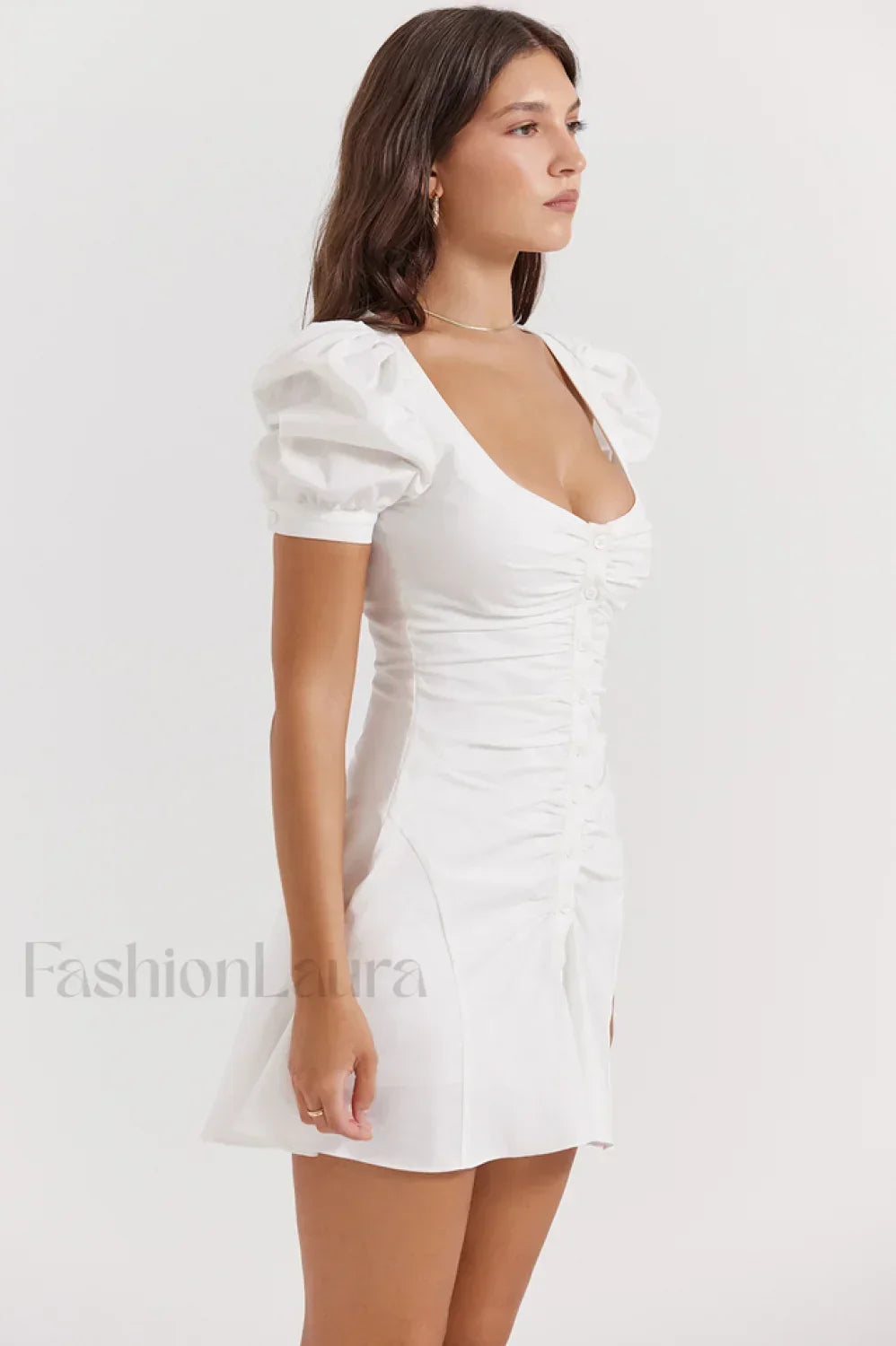 Hameda White Puff Charming Sleeve Mini Dress