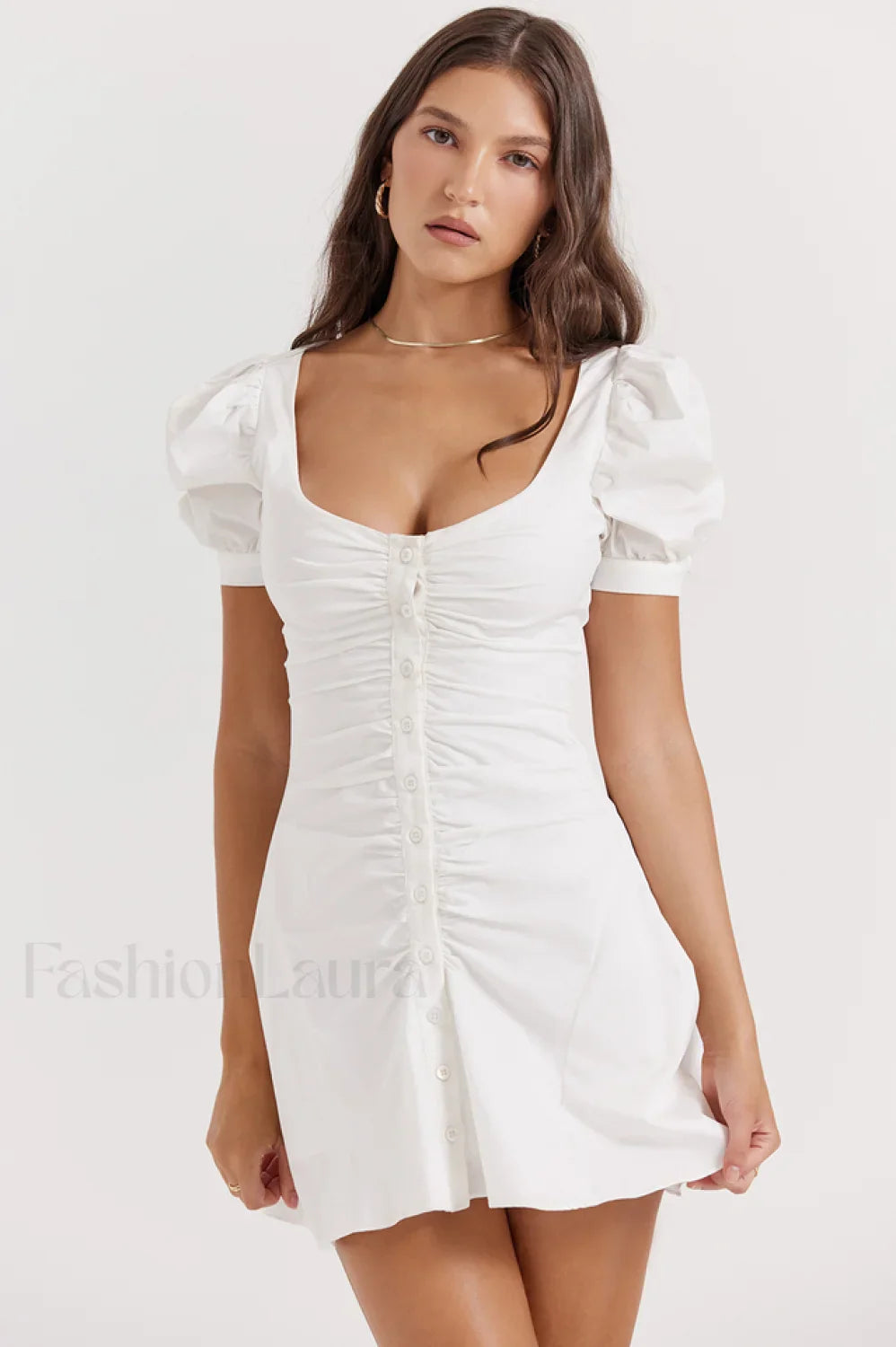 Hameda White Puff Charming Sleeve Mini Dress