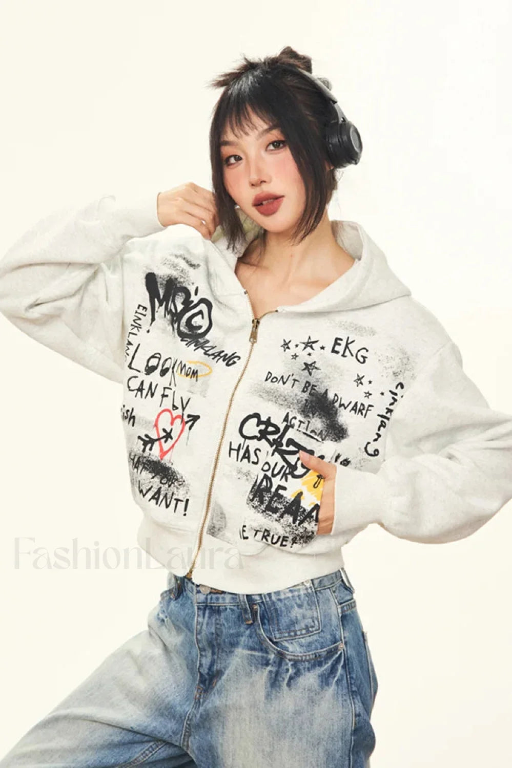 Harajuku Vintage Cropped Print Hooded Hoodie