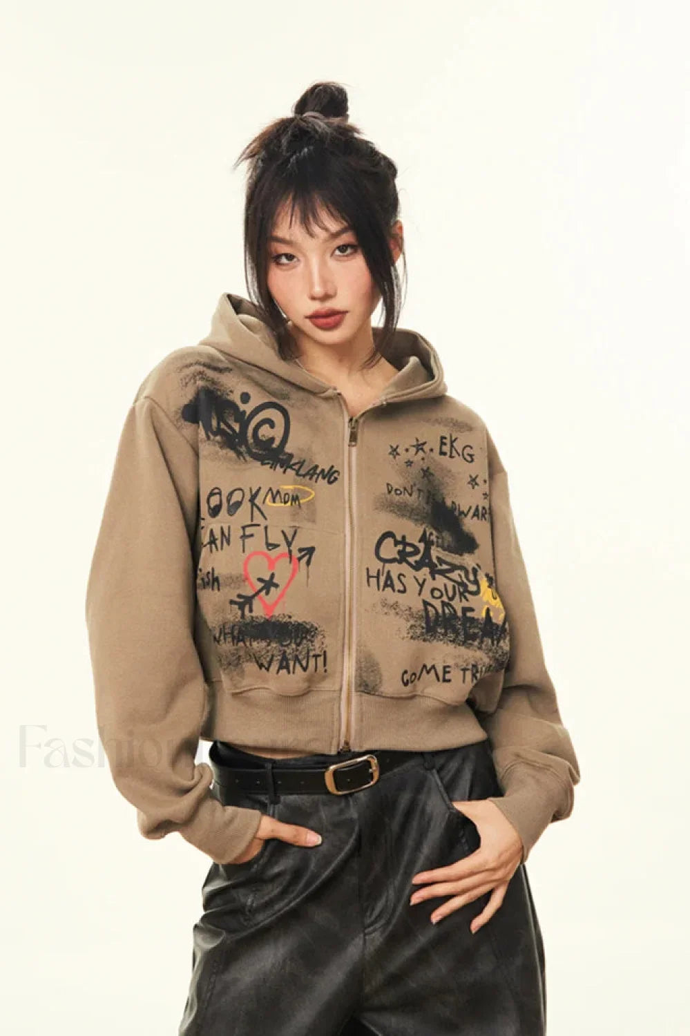 Harajuku Vintage Cropped Print Hooded Hoodie Coffee / S