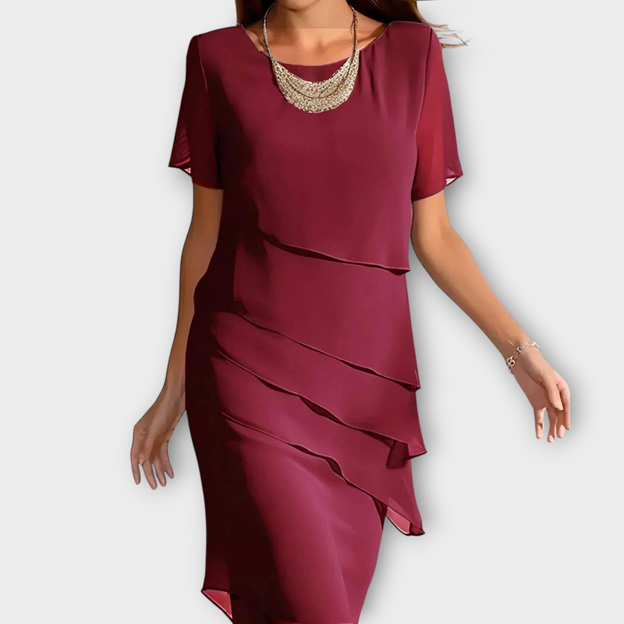 Ione - Ruffle Detail Irregular Hem Tummy Cover Dress Red