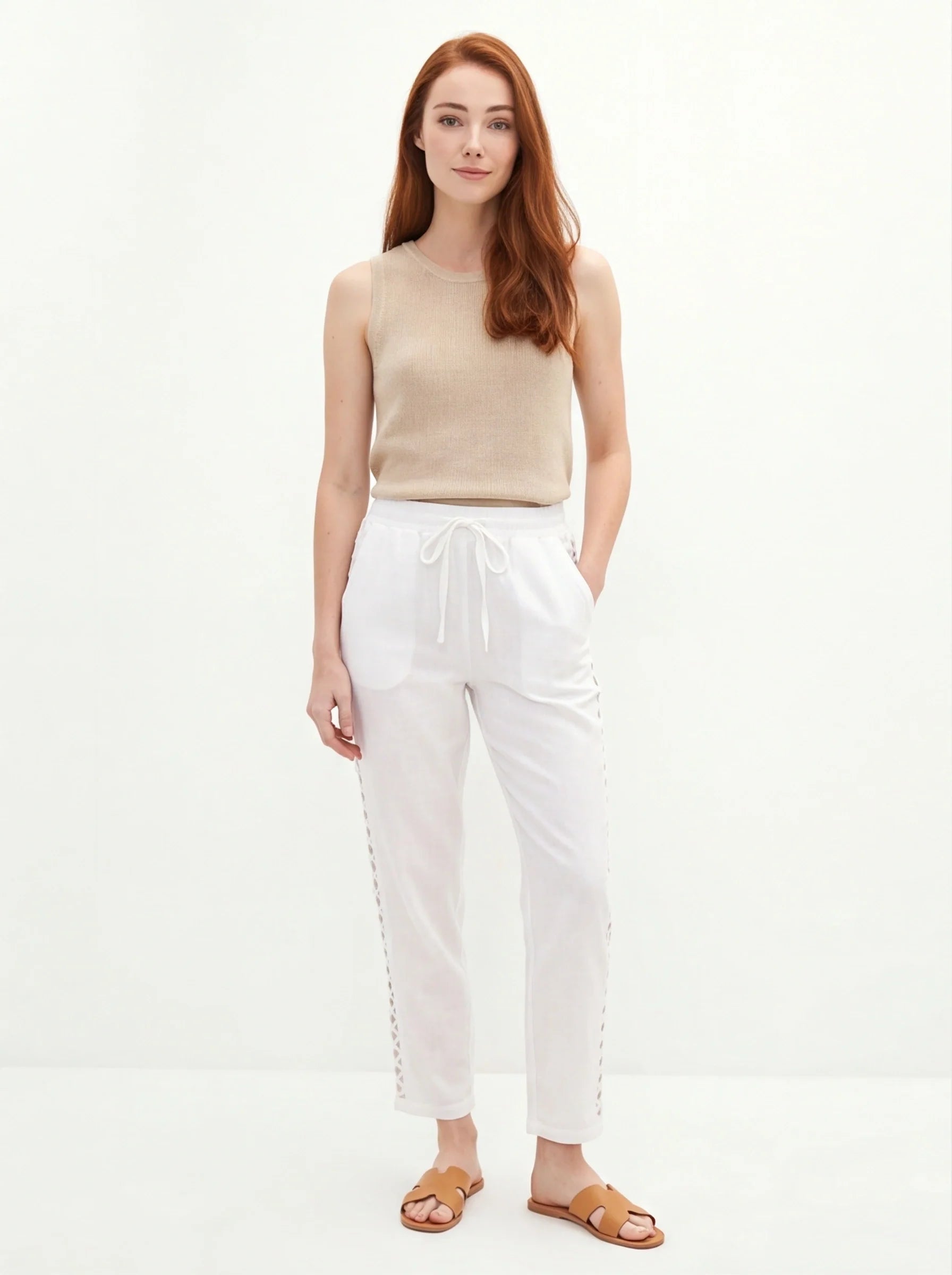 Natural Casual Pants With Hollow Out Spliced Details Drawstring Elastic Waist Pocket Cotton