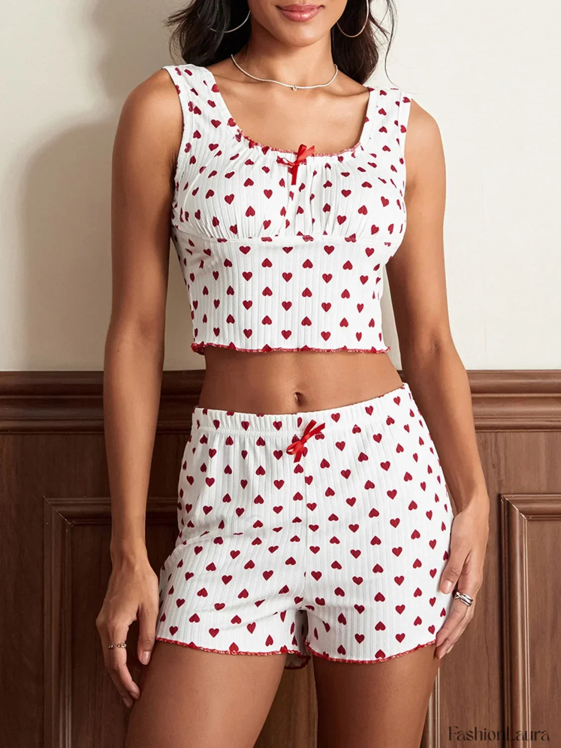 Heart Bow Cami Shorts Two Piece Set