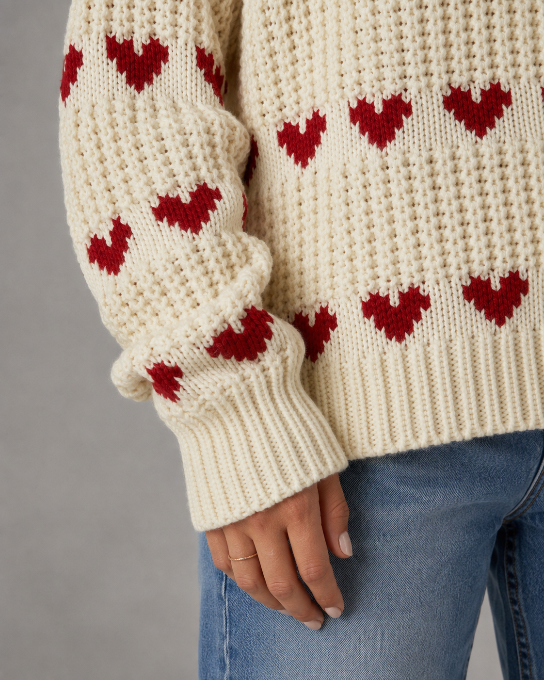 Heart Pattern Chunky Knit Mock Neck Sweater