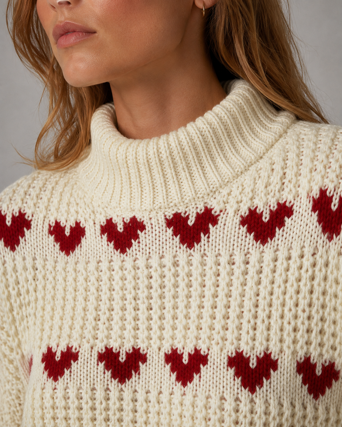 Heart Pattern Chunky Knit Mock Neck Sweater