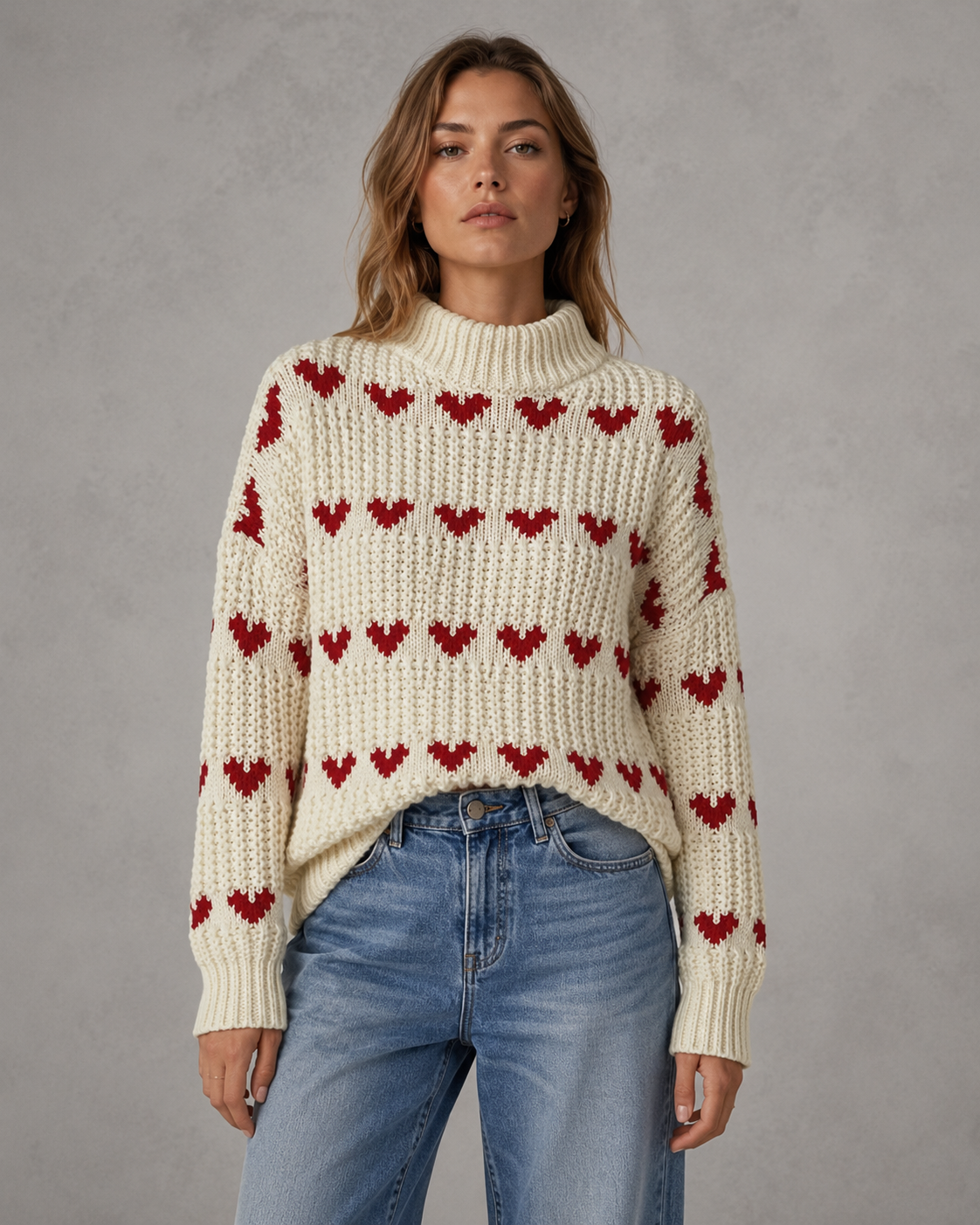 Heart Pattern Chunky Knit Mock Neck Sweater
