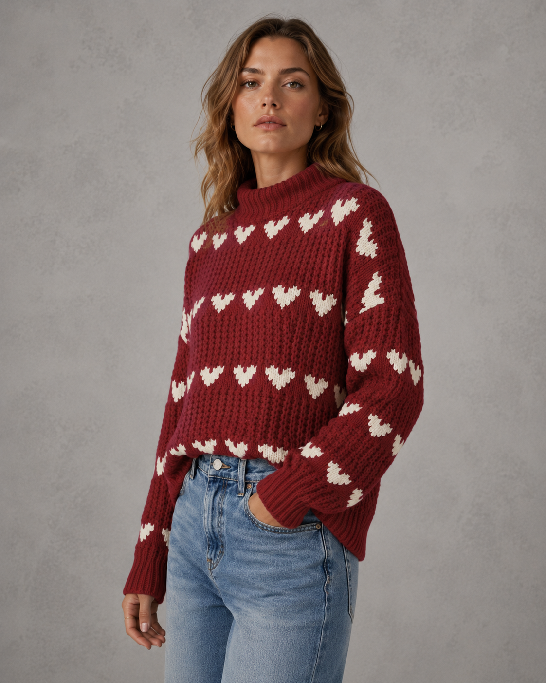 Heart Pattern Chunky Knit Mock Neck Sweater