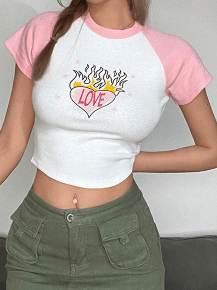 Flaming Heart Graphic Raglan Short Sleeve Ribbed Crop Top 2