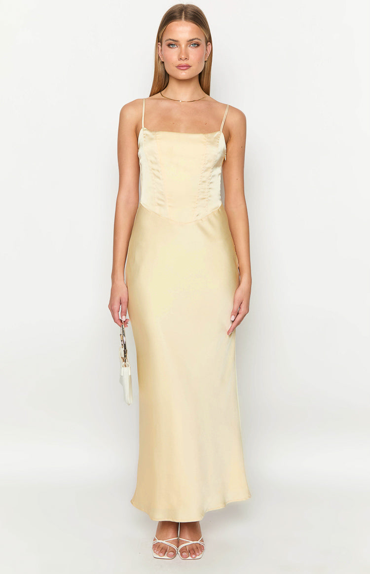 Satin Corset Bodice Straight Neck Spaghetti Strap Maxi Dress 2