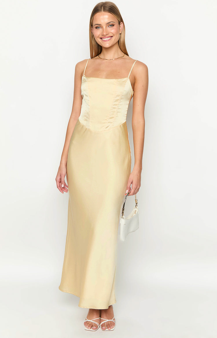 Satin Corset Bodice Straight Neck Spaghetti Strap Maxi Dress 3