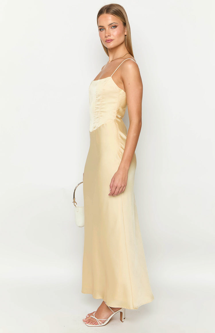 Satin Corset Bodice Straight Neck Spaghetti Strap Maxi Dress 5