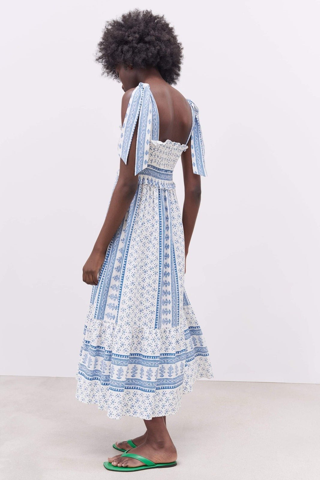 Effortless Leonor Printed Midi Dress with Gathered Straps Elevated Occasion Wear