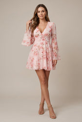 Floral Deep V-Neck Bell Sleeve Fit and Flare Mini Dress