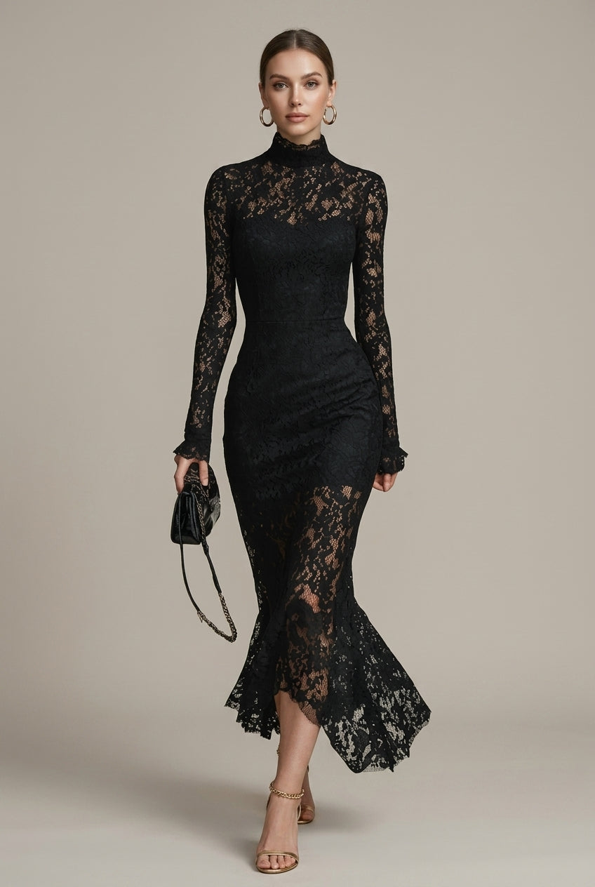 Lace High Neck Long Sleeve Mermaid Midi Dress