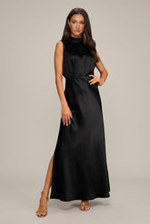 Satin High Neck Sleeveless High Split Maxi Dress