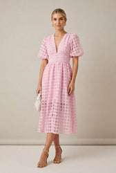 Check V-Neck Puff Sleeve Button Front Midi Dress