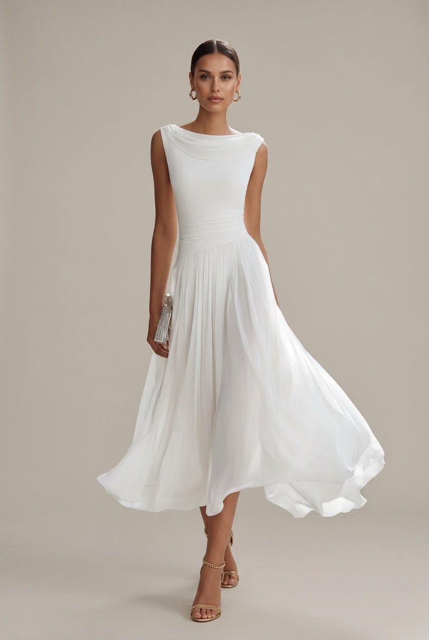 Chiffon Cowl Neck Sleeveless Pleated Midi Dress