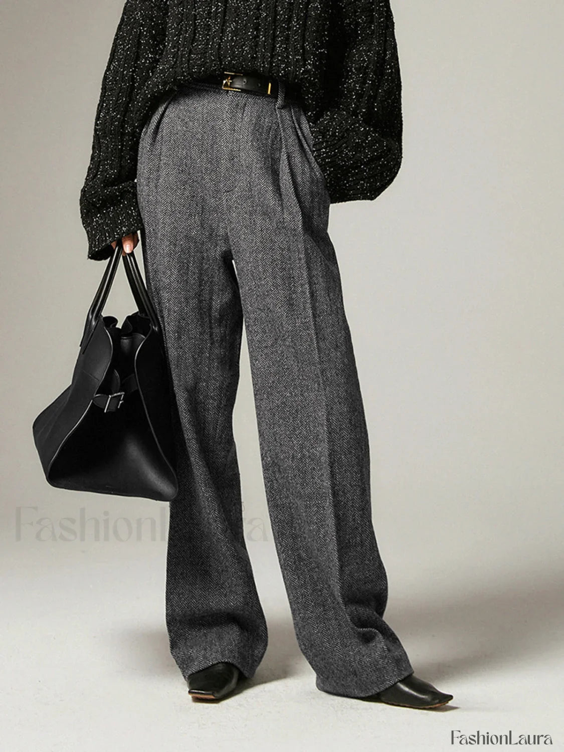 Herringbone Pockets Wide Trendy Leg Dress Pants