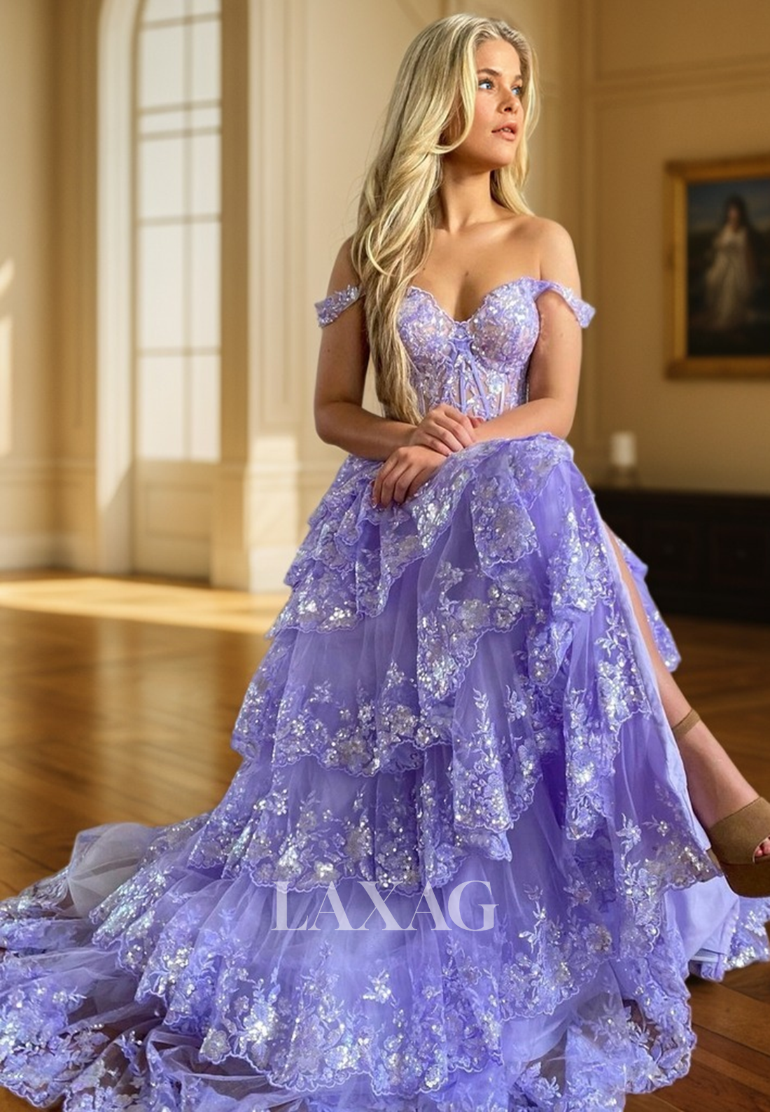 22129 - A-Line Off Shoulder Appliques illusion  High Slit Party Prom Formal Evening Dress