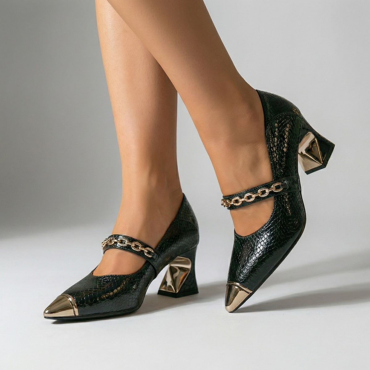 Snake Print Pointed Toe Chain Strap Block Heel Pumps