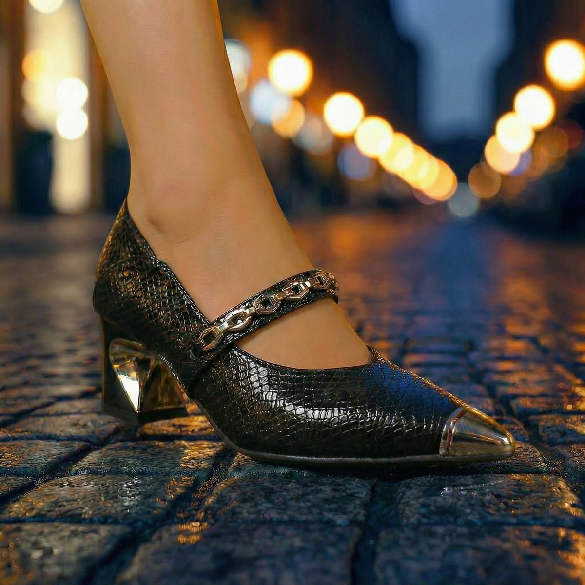 Snake Print Pointed Toe Chain Strap Block Heel Pumps