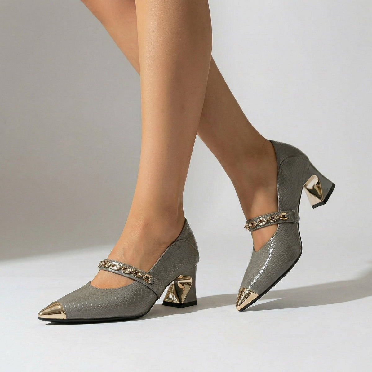 Snake Print Pointed Toe Chain Strap Block Heel Pumps