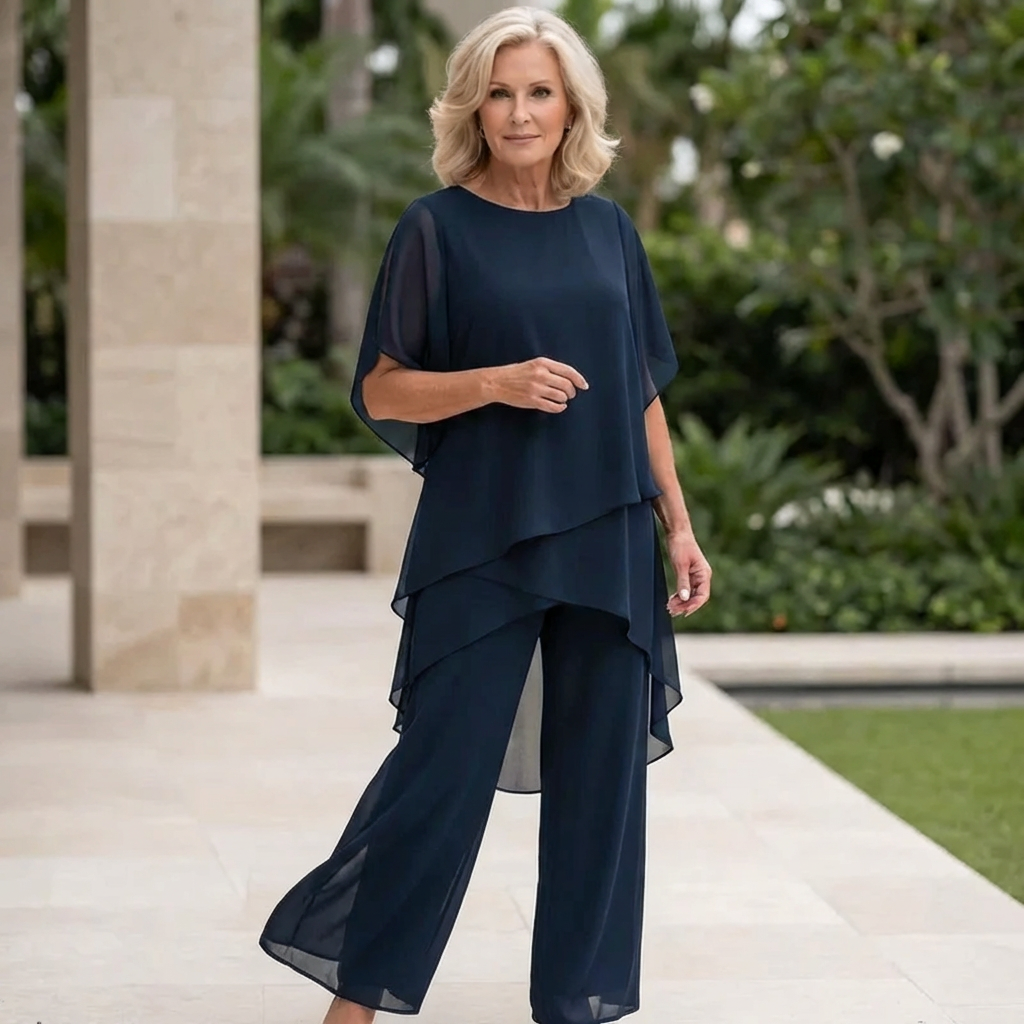 Chiffon Layered Overlay Top and Wide Leg Pants Two Piece Set