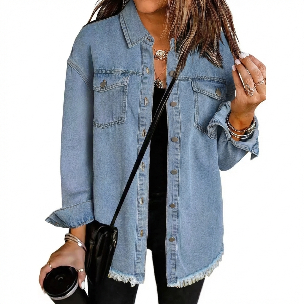 Frayed Hem Button Front Longline Denim Jacket