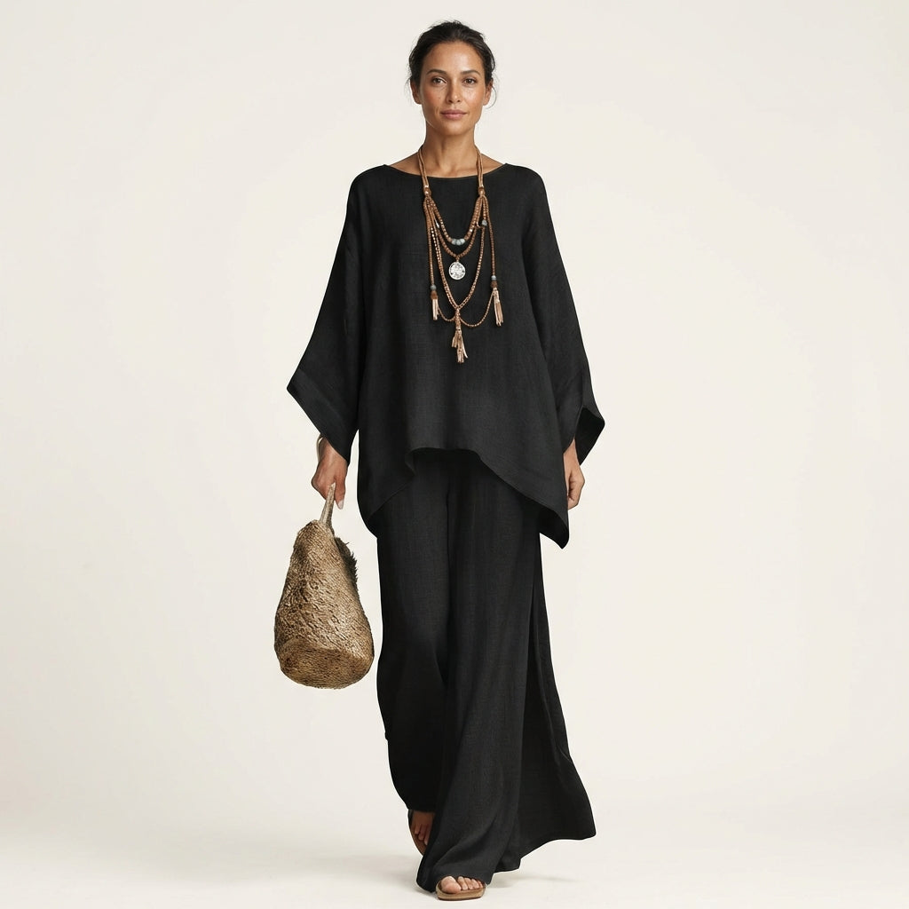 Linen Look Asymmetric Hem Top and Wide Leg Pants Two Piece Set