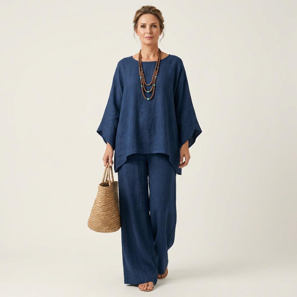 Linen Look Asymmetric Hem Top and Wide Leg Pants Two Piece Set